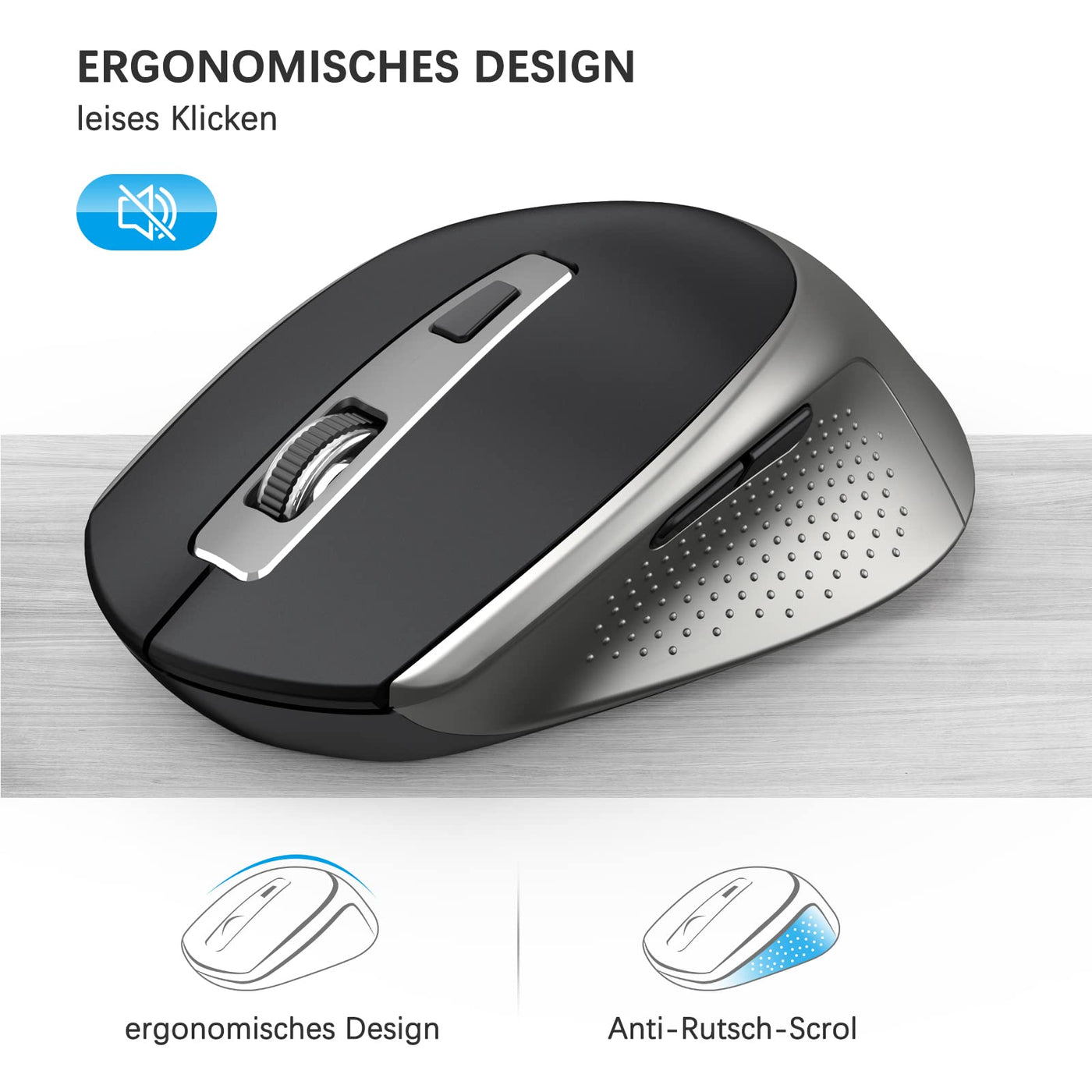 JOYACCESS Tastatur Maus Set Kabellos, 2.4G Ultra-Dünne Funktastatur mit Maus, QWERTZ Layout (Deutsch), Ergonomische Keyboard Mouse für Computer/Desktop/PC/Laptop/Windows 10/8/7, Schwarz und Grau