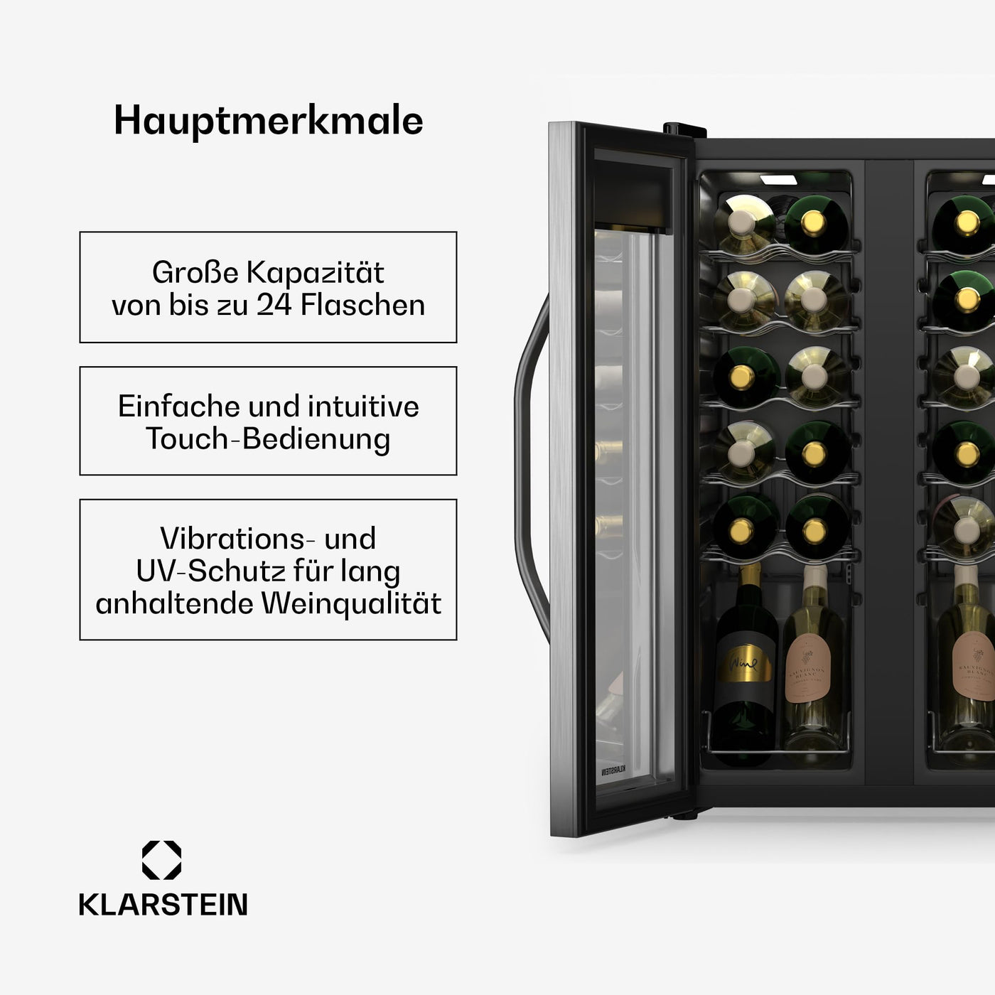 Klarstein Vinamour Weinkühlschrank 2 Zonen - 24 Flaschen, 5-18 °C, Touch-Steuerung, LED-Beleuchtung, Freistehend, Edelstahl-Doppeltür, Weinklimaschrank