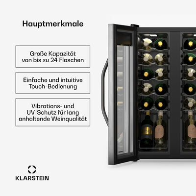 Klarstein Vinamour Weinkühlschrank 2 Zonen - 24 Flaschen, 5-18 °C, Touch-Steuerung, LED-Beleuchtung, Freistehend, Edelstahl-Doppeltür, Weinklimaschrank