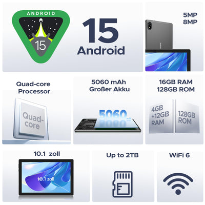 DOOGEE U10 Android 15 Tablet 10 Zoll 16GB RAM+128GB ROM (2TB TF) 5060mAh Kinder Tablet Android WiFi 6, WidevineL1, 8+5MP Dual Kamera, GMS, BT5.0, Type C Tablets PC [2025]