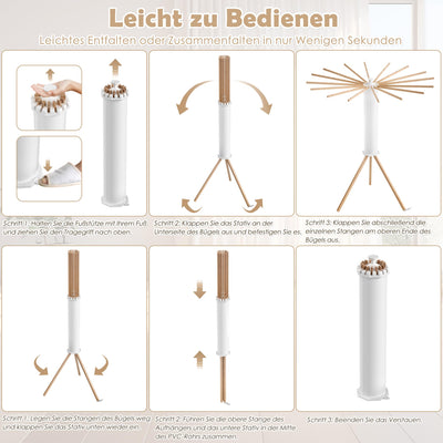 UISEBRT Wäscheständer Tragbar Trockengestell Faltbar Octopus Wäscheständer mit Holzstange Platzsparend Trockenständer für Drinnen Bodenwäscheständer Turmwäscheständer für Balkon Schlafzimmer