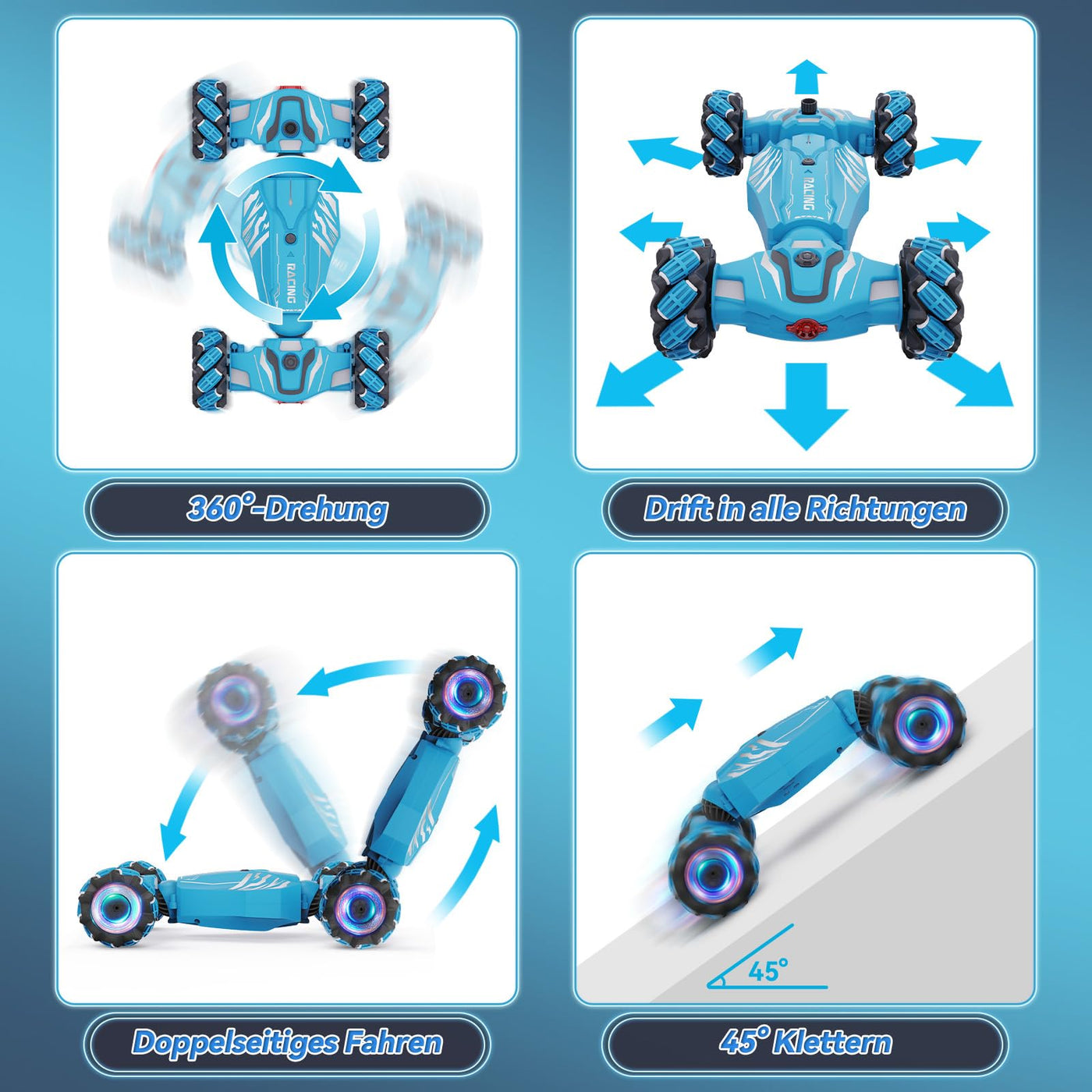 Dysaim Ferngesteuertes Auto ab 6 7 8 9 10 12 Jahre, 4WD RC Auto mit Handsteuerung, 2.4Ghz 360°Drehung Drift Stunt Car mit Licht Musik Spray, Weihnachten Geschenke Spielzeug für Jungen Mädchen, Blau