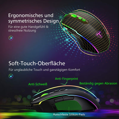 RGB Gaming Maus,Vollion Gamer Maus mit 8 Programmierbare Tasten 7200DPI/RGB-Beleuchtung/Anpassbare Spielprofile,USB-Wired mit ergonomisches Design für MMO, MOBA oder FPS Games für PC/Mac