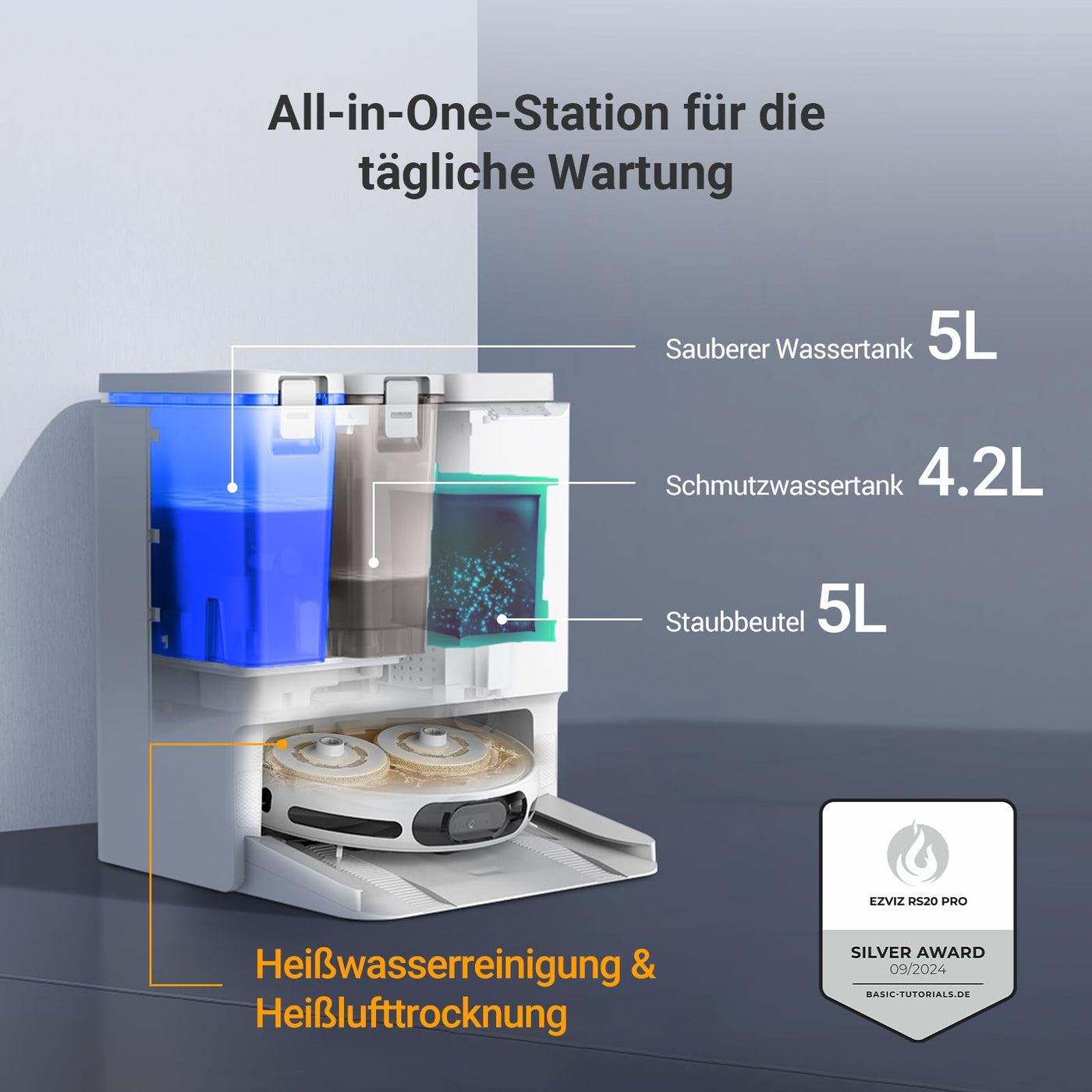 EZVIZ Saugroboter mit Staubentleerung und Wasserwechsel, 7200 Pa, LDS LiDAR und 3D-Laser Navigation Hinderniserkennung, Teppicherkennung, automatische Moppinstallation und -entfernung, RS20 Pro