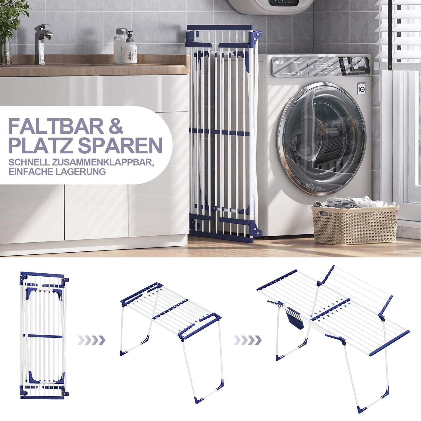 SYKIARIOL Wäscheständer, Flügelwäschetrockner, Standtrockner mit Flügeln, Ausziehbarer Klappbarer Wäscheständer mit Klammerbeutel und Sockenhalter, Für Kleidung und Handtücher Geeignet