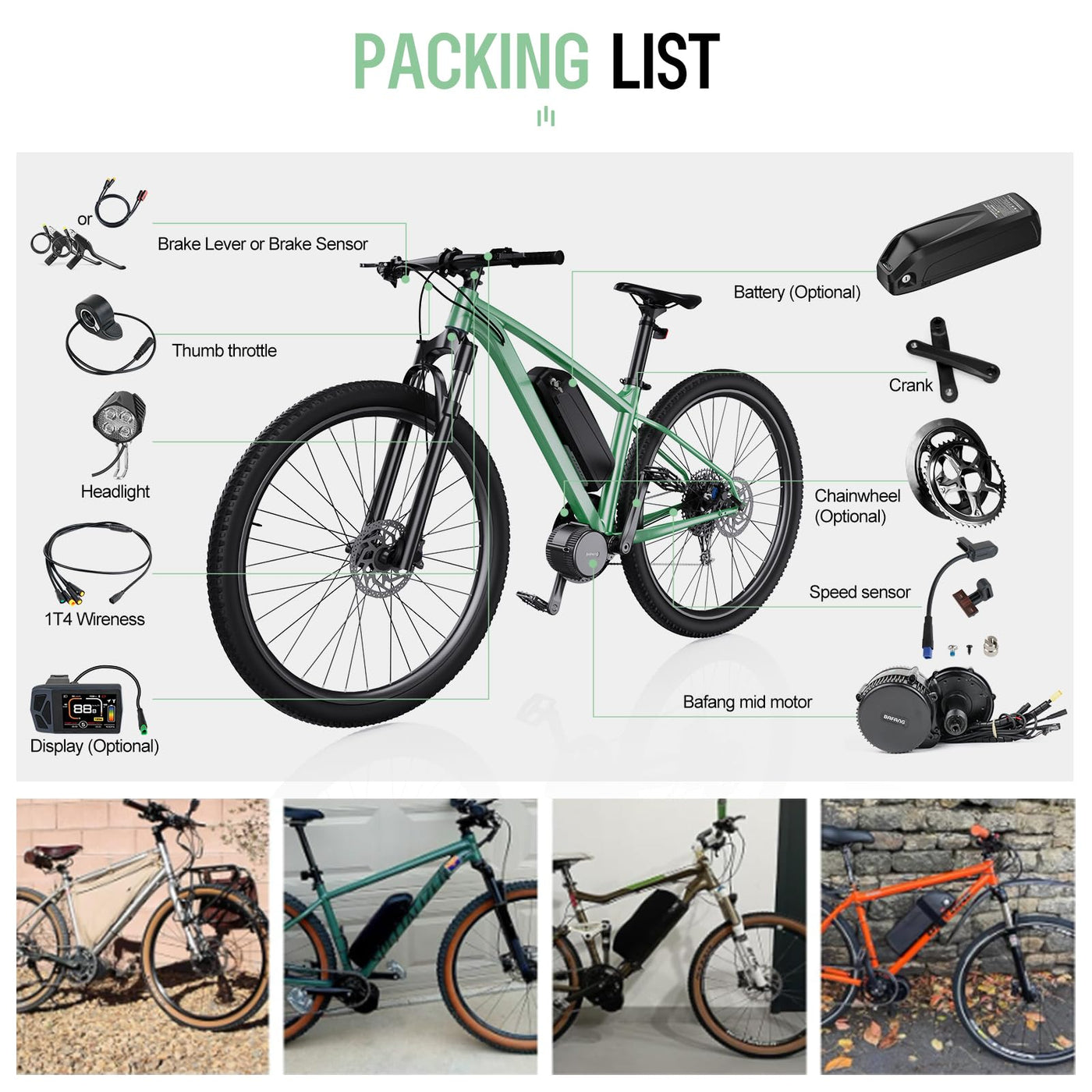 BAFANG Mittelmotor mit Akku 36V 250W 350W 500W BBS01B 48V 750W 1000W 500W 250W BBS02B G340 Motor mit optionalem E-Bike Display Custom E-Bike Umbausätze für BB68mm Mountainbike