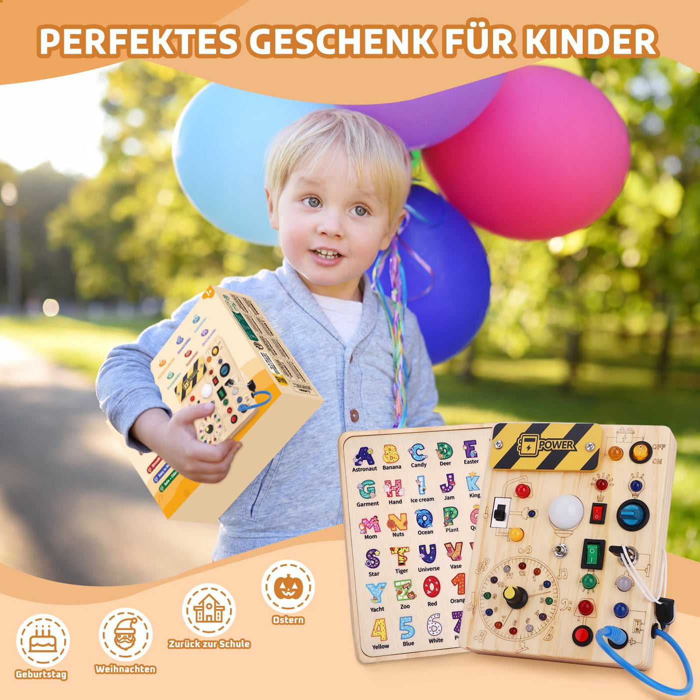 Busy Board Montessori Spielzeug Activity Board Sensorik Spielzeug Mit 10 Schaltern und 23 LED Lichtern Holzspielzeug Motorikspielzeug für Babys und Kinder ab 1 2 3 4 Jahre Jungen und Mädchen