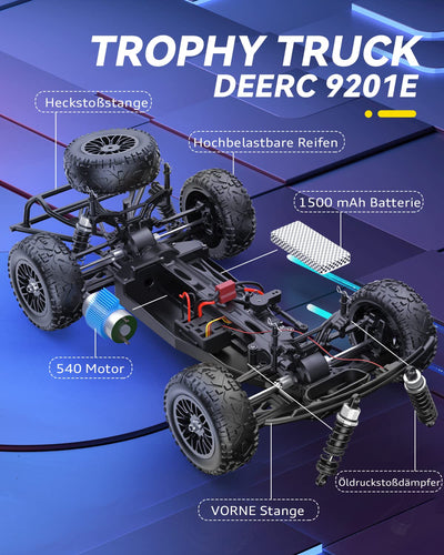 DEERC Ferngesteuerte Auto 1:10 mit Lichtern RC Auto 48km/h 4WD Offroad Hobby Grade Monster Crawler mit 2 Akkus 40 Minuten Laufzeit,2 Autoschalen, für Erwachsene, Kinder (9201E)