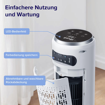 Levoit 28dB leiser Turmventilator mit Fortschrittlichem Schlafmodus,7m/s Ventilator mit Fernbedienung, 90° Oszillation Tower Fan, 4 Modi 5 Geschwindigkeiten, 12-Std-Timer, LED-Anzeige, Weiß
