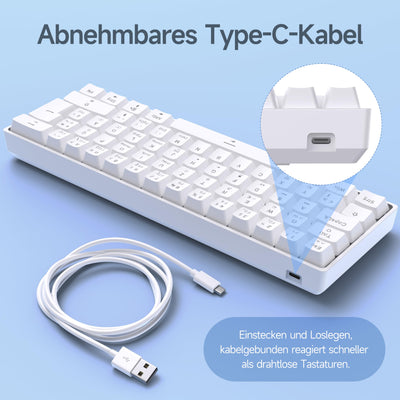 TMKB T61SE Gaming Mechanische Tastatur mit Deutsches QWERTZ Layout,Blauer Schalter,weiße