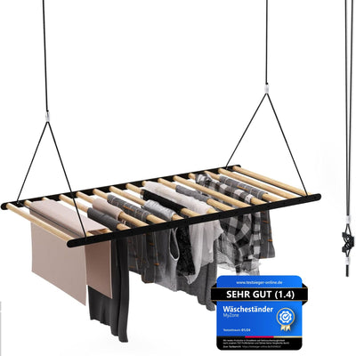 MyZone Wäscheständer Decke platzsparend, ausziehbar, stabil, 115x60cm | Wäschetrockner Deckenmontage, Deckentrockner klappbar, Hochtrockner | Badewanne, Balkon | Bambus Holz, schwarz matt