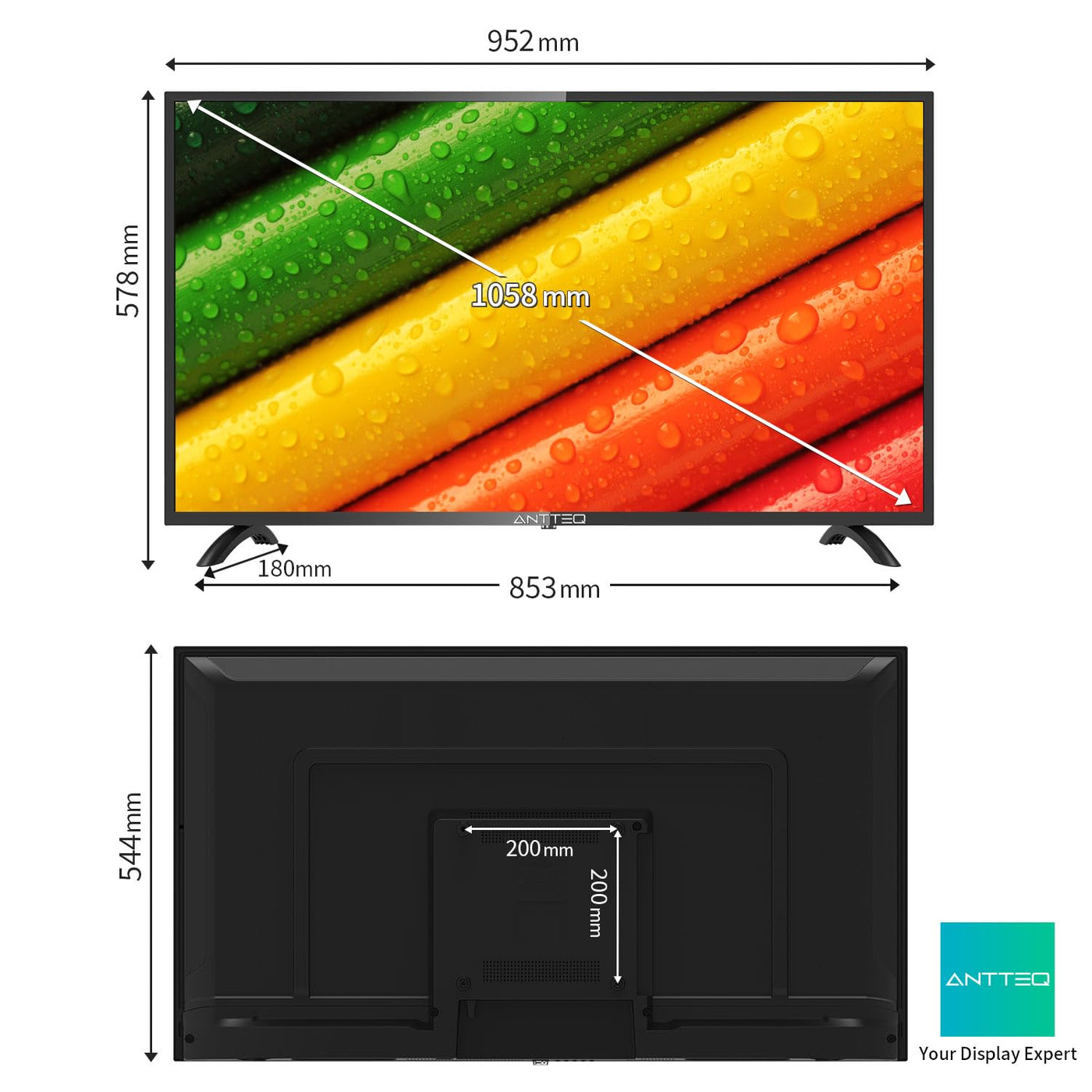 Antteq AB42D1 Fernseher 42 Zoll (TV 107 cm), Dolby Audio, LED, Triple Tuner DVB-C / T2 / S2, CI+, HDMI, Mediaplayer per USB, digitaler Audioausgang, incl. Hotelmodus