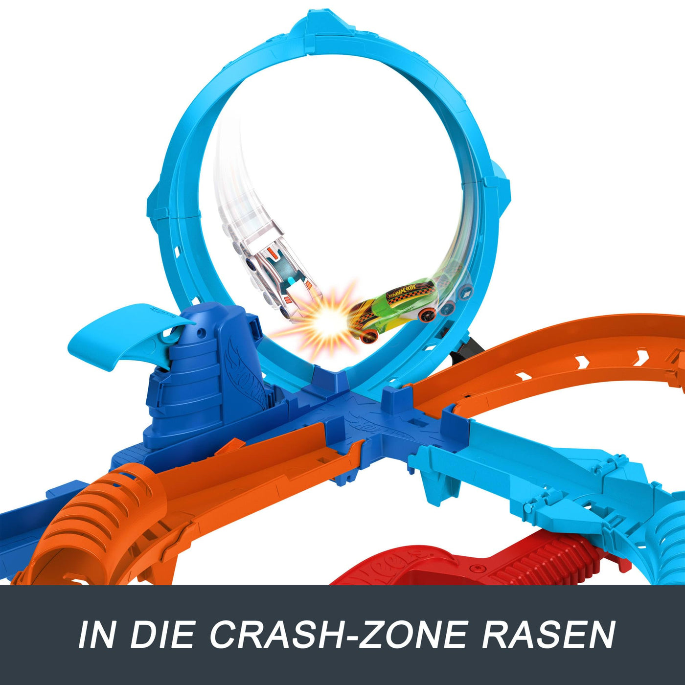 Hot Wheels Spielzeugauto Trackset, Ultra Hots Rasanter Wettkampfstart mit 2 Fahrzeugen im Maßstab 1:64, Kopf-an-Kopf-Rennen und Stunts, 2 manuell bedienbare Starter, HXR71