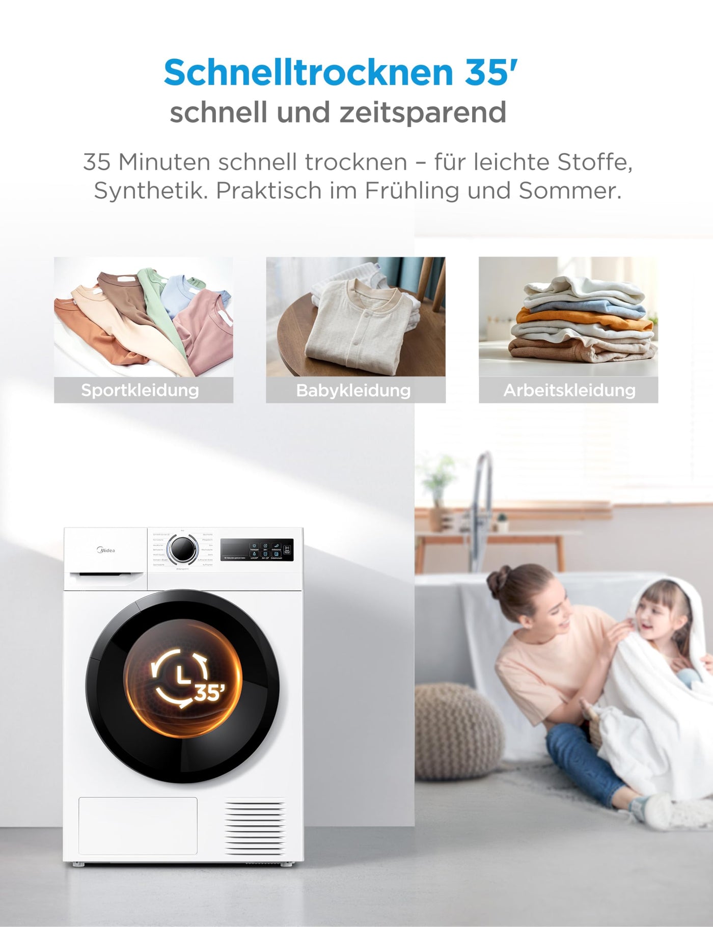 Midea MD11EH70BD Wärmepumpentrockner, 7 kg, Energieklasse D, Schnelltrocknen 35', HealthGuard, Sensor-Trocknung, Auffrischen,Knitterschutz, Auffrischen Wolle, Weiß