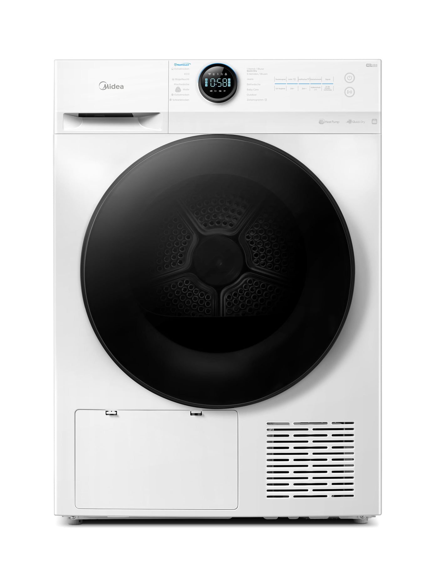 Midea MD20EH100WB-A3 Wärmepumpentrockner/ 10 kg/EEK A+++ / UV Hygience/Knitterschutz/Sanfte Pflege/Auto Dry/Wollpflege/Auffrischen/Fernsteuerung/Startzeitvorwahl/Weiß