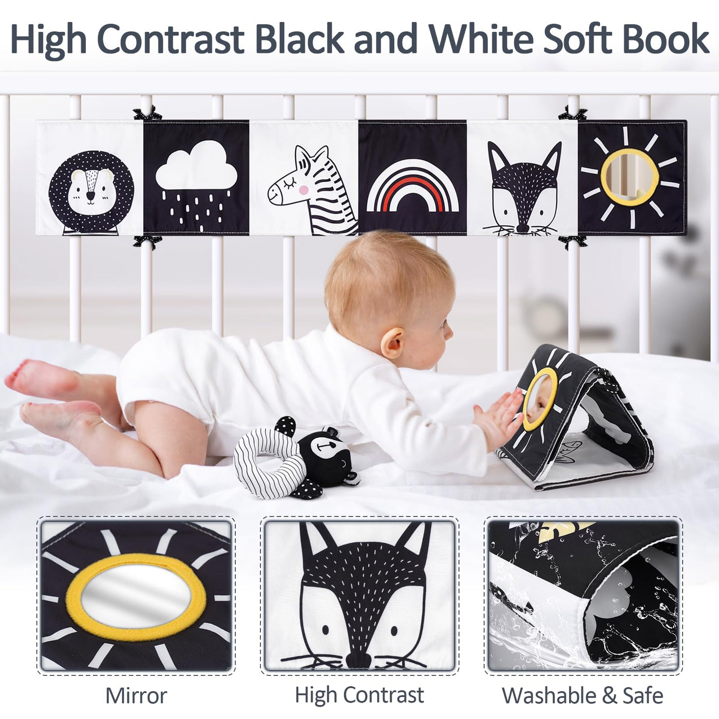 Joyreal Kinderwagen Spielzeug - Schwarz Weiss Spielzeug Stoffbuch, Kontrastbuch Baby, Kontrastkarten Baby, Sensorik Kontrast Spielzeug, Neugeborenen