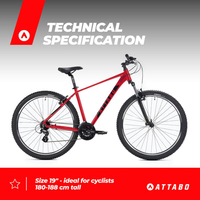 ATTABO Herren Fahrrad Alpe 1.0 mit Aluminiumrahmen 19" Ergonomischer Lenker V-Brake Rot Mountainbike mit 29" Rädern mit Zubehör Verstellbarer Sattel 21-Gang Schaltung
