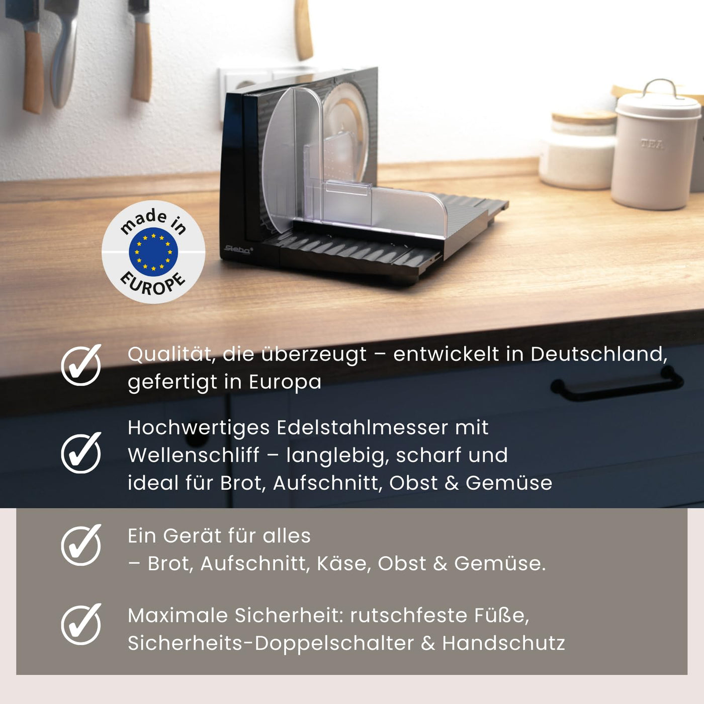 Steba Allesschneider, platzsparend, Made in EU, Edelstahlmesser, Schnittstärke bis 17mm einstellbar, doppelter Sicherheitsschalter, inkl. Handschutz, AS100