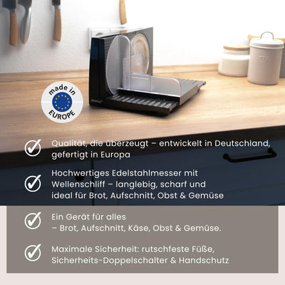 Steba Allesschneider, platzsparend, Made in EU, Edelstahlmesser, Schnittstärke bis 17mm einstellbar, doppelter Sicherheitsschalter, inkl. Handschutz, AS100