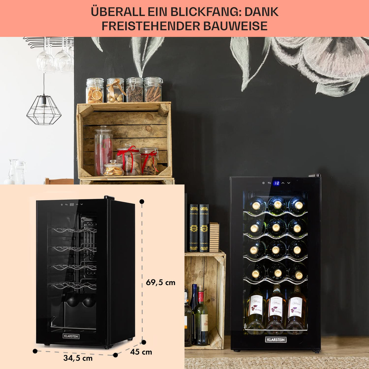 Klarstein Weinkühlschrank, 1 Zonen Getränkekühlschrank Klein, Kleiner Weinschrank 53L, Wein-Kühlschrank Klein mit Glastür, Indoor/Outdoor Flaschenkühlschrank, Wine Fridge 5-18°C, 15 Flaschen