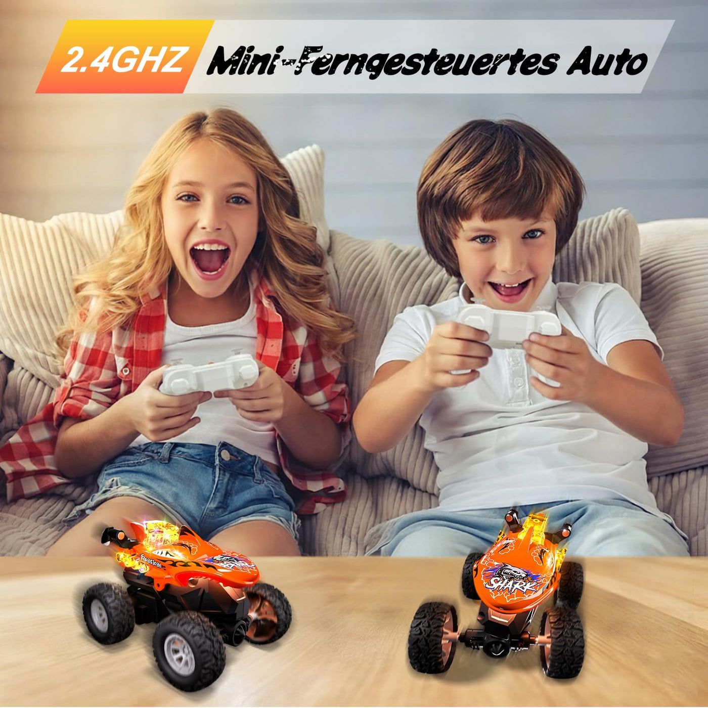 Mini Monstertruck Ferngesteuert, Hai Monster Truck mit Metallgehäuse & Licht, 2.4GHZ Ferngesteuerter Monstertruck mit 360°Drehung, USB-Type-C-Aufladung, 1/64 Ferngesteuertes Auto ab 3 4 5 6 7 8 Jahre