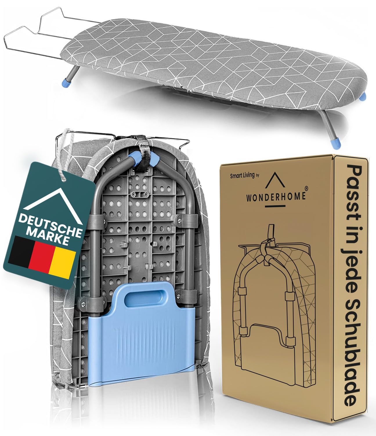 WONDERHOME Patentiertes Tischbügelbrett, klappbare Beine, platzsparend, grau, blau , Faltbares Bügelbrett mit Klappfunktion