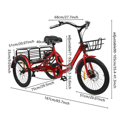 HuKaiL 20 Zoll Faltbar Dreirad für Erwachsene,7 Gang Klappbar Dreiräder mit Einkaufskorb, Höhenverstellbares Dreirädriges für Erwachsene und Senioren zur Freizeitgestaltung, Rot