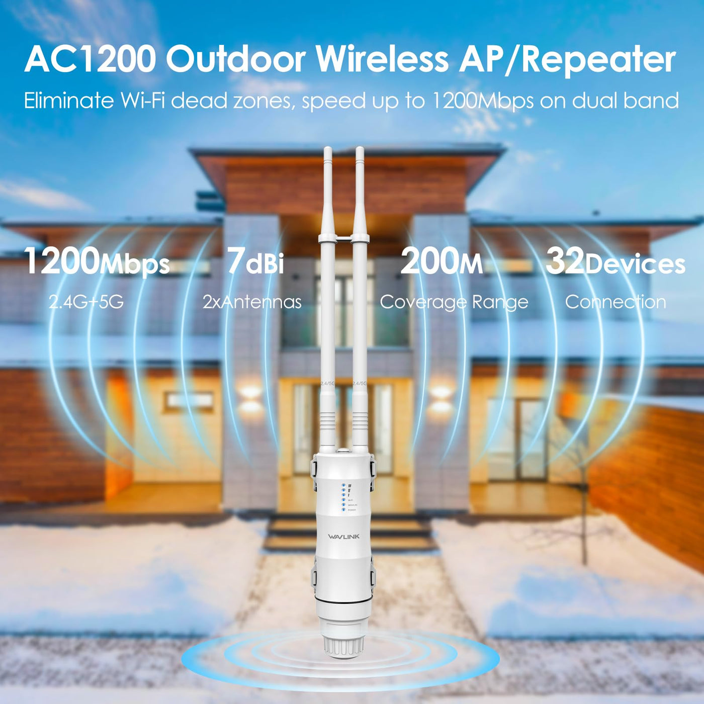 WAVLINK AC1200 Outdoor WLAN Repeater, wetterfester 1200Mbit/s WLAN Access Point/Verstärker unterstützt Passive/Active PoE, AP/Router/Repeater Modi, 100Mbit/s WAN/LAN, WPA2, EU-Netzteil