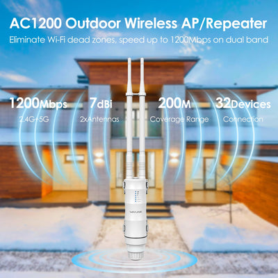 WAVLINK AC1200 Outdoor WLAN Repeater, wetterfester 1200Mbit/s WLAN Access Point/Verstärker unterstützt Passive/Active PoE, AP/Router/Repeater Modi, 100Mbit/s WAN/LAN, WPA2, EU-Netzteil