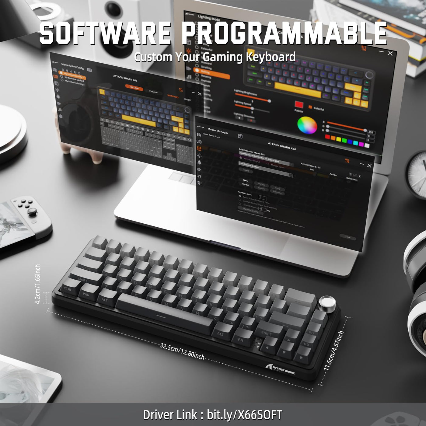 MAMBASNAKE X ATTACK SHARK X66 65% Kabellose Mechanische Tastatur mit Knopf, Hot Swap RGB Gaming Tastatur mit Dichtung, BT/2,4 G/USB-C, Linearer Schalter, seitlich bedruckte PBT-Tastenkappe - Mondnacht