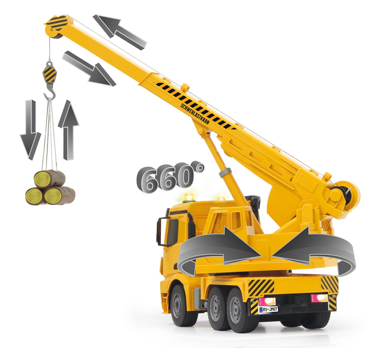 JAMARA 404950 - Schwerlastkran Mercedes Arocs 1:20 2,4G - drehbarer und ausfahrbarer Kran, Seil Heben/senken, realistischer Motorsound, Hupe, Rückfahrwarnsound, 4 Radantrieb,gelbe LED Signallichter