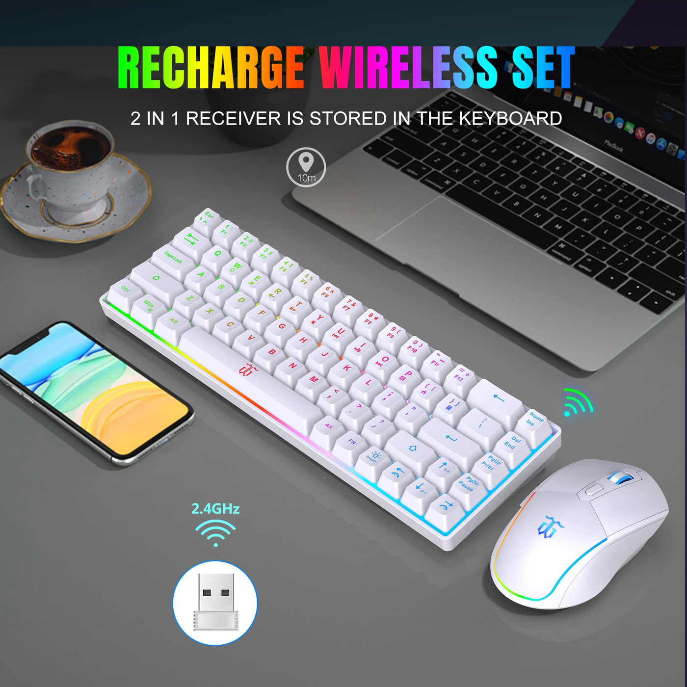 Snpurdiri 60% Tastatur Maus Set Kabellos, LED-Beleuchtung, wiederaufladbare 2000mAh Batterie Small Mini 60 Prozent Wireless Gaming Combo, Ergonomisches Design 6D 3200DPI Maus (Weiß)