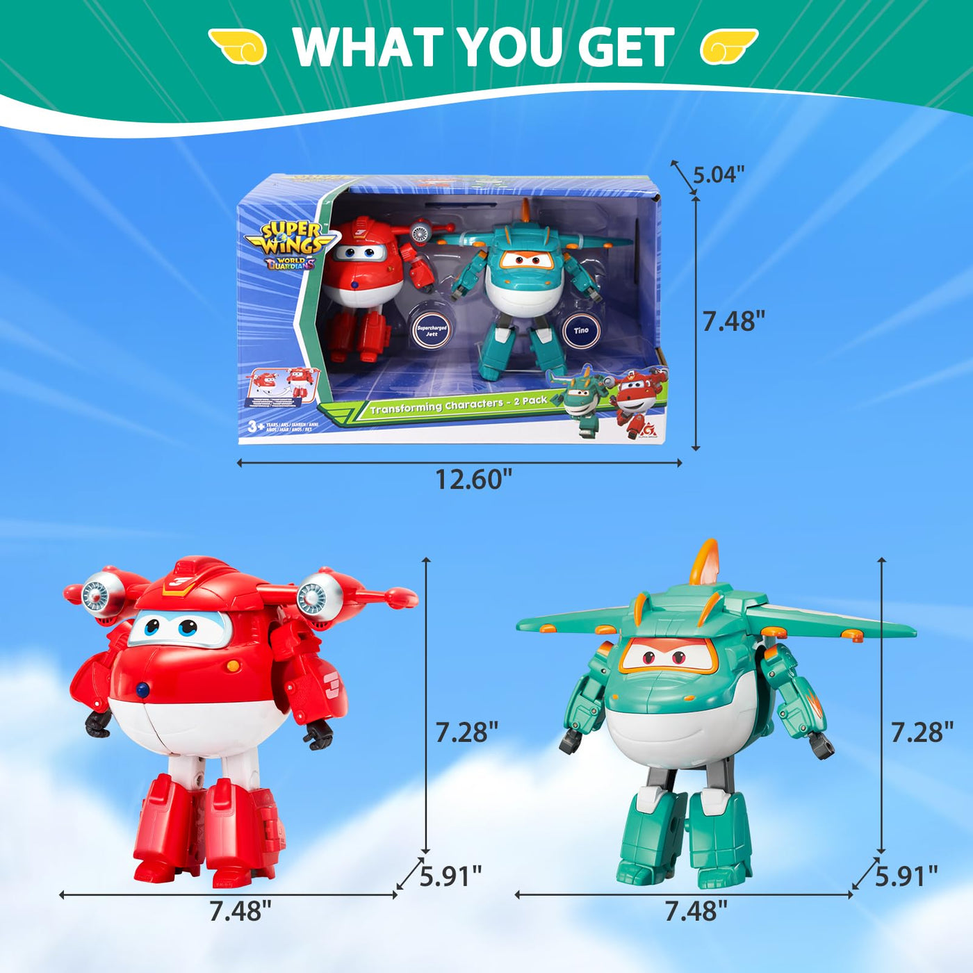 Super Wings 5" Transforming Characters 2-Pack Transforming Supercharged Jett + Tino, Transformer Spielzeug für 3+ Jahre Alten Jungen Mädchen, Rot
