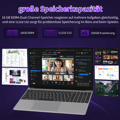 Molegar 2025 FHD Laptop Student/Geschäft,15.6 Zoll Laptop Computer mit 16GB DDR4 512GB SSD,Quad-Core N95(Bis zu 3.4GHz,Beat N5095),8000mAh Großer,2.4/5G WiFi,Webcam,USB 3.0,Beleuchtete Tastatur
