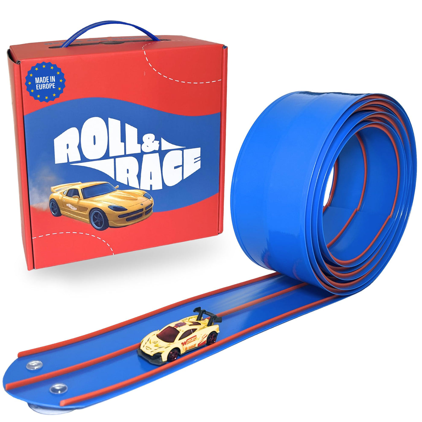Roll&Race Flexible Spielzeugautorennbahn 400 cm - Made in EU - Aufrollbare Rennstrecke - Spielzeugauto-Rennstrecke - Rennbahn - Geschenk für Kinder - Gummistrecke Kinder - Flexible Car Track