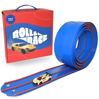 Roll&Race Flexible Spielzeugautorennbahn 400 cm - Made in EU - Aufrollbare Rennstrecke - Spielzeugauto-Rennstrecke - Rennbahn - Geschenk für Kinder - Gummistrecke Kinder - Flexible Car Track