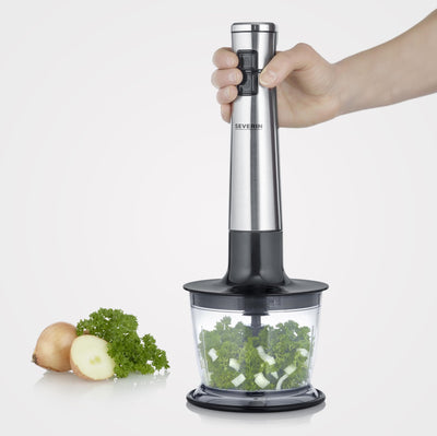 SEVERIN Kabelloser Stabmixer mit Premium-Set, abnehmbarer Mixstab, mit Pürierstab, Multizerkleinerer, Mixbehälter, Kartoffelstampfer & Schneebesen, schwarz/Edelstahl-gebürstet, SM 3775