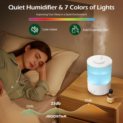Aigostar Luftbefeuchter für Schlafzimmer, 2,5L Tank, individuelle Luftfeuchtigkeit, 25 Stunden Laufzeit, Öldiffusor, leise Ultraschall-Luftbefeuchter, 7 Farblichter