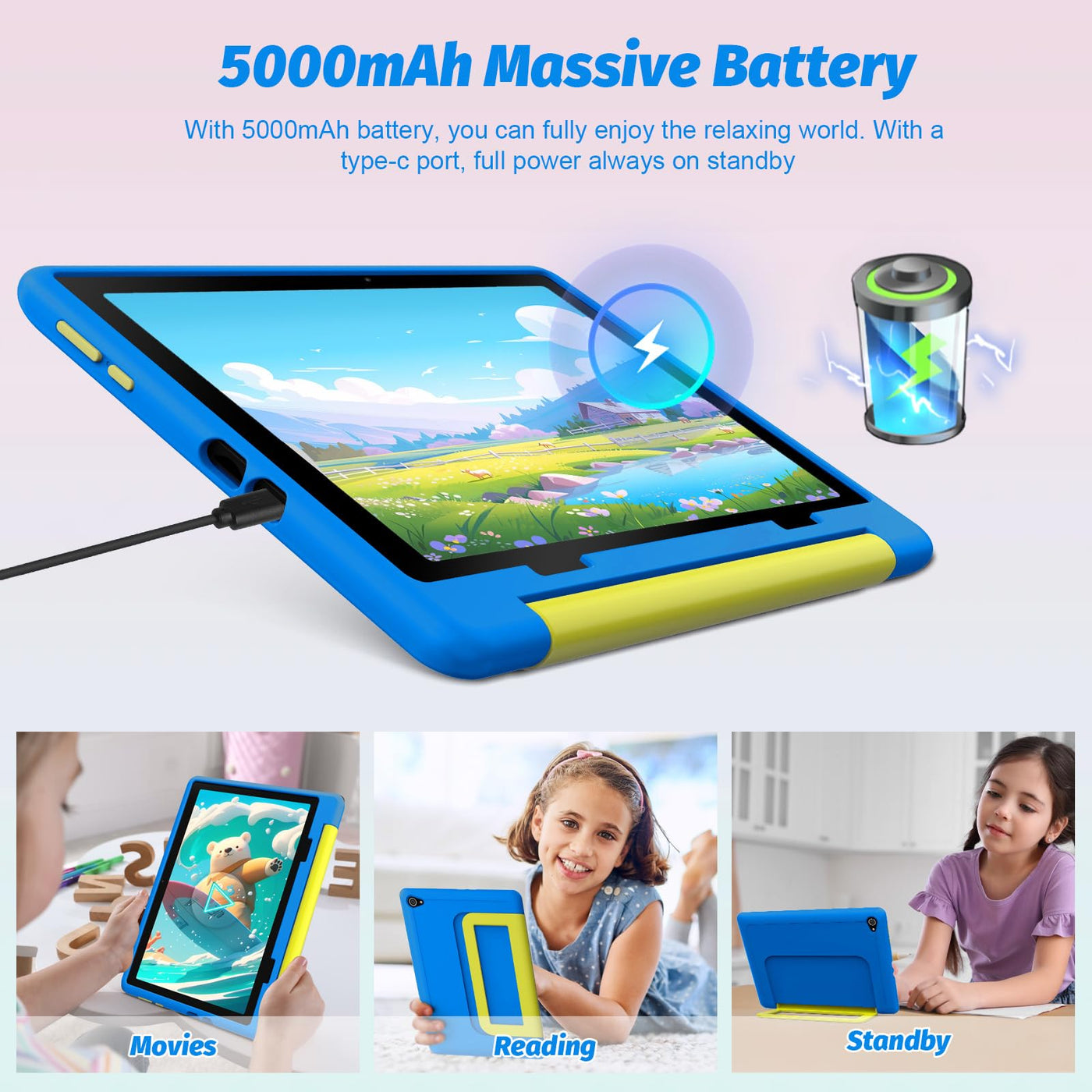 Cheerjoy Kinder Tablet 10 Zoll Android 14 Tablet für Kinder im Alter von 3-12 Jahren, Octa-Core, 8+64GB(TF 1TB), Kindersicherung, vorinstalliertes KIDOZ, 5G WiFi Tablet PC mit stoßfester Hülle-Blau