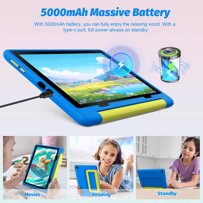 Cheerjoy Kinder Tablet 10 Zoll Android 14 Tablet für Kinder im Alter von 3-12 Jahren, Octa-Core, 8+64GB(TF 1TB), Kindersicherung, vorinstalliertes KIDOZ, 5G WiFi Tablet PC mit stoßfester Hülle-Blau