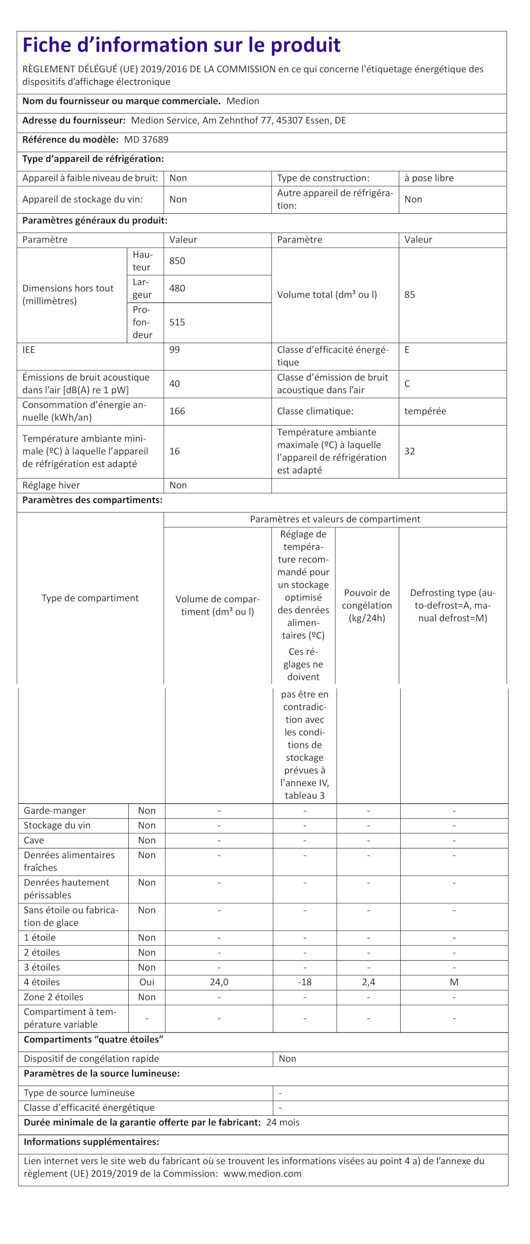 MEDION Mini Kühl-Gefrierkombination (85 Liter, 61L Kühlteil, 24L Gefrierteil, freistehend, 40 dB, transparente Gemüseschublade, Türanschlag wechselbar, MD 37689) weiß
