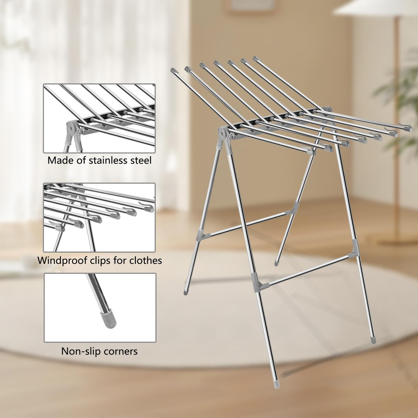 Sinbide Wäscheständer Interieur Faltbarer Wäscheständer mit 2 Flügeln Wäscheständer Edelstahl Standtrockner Gewichtskapazität 10kg Wäschetrockner mit Clip Windschutz Wäschetrockner Outdoor