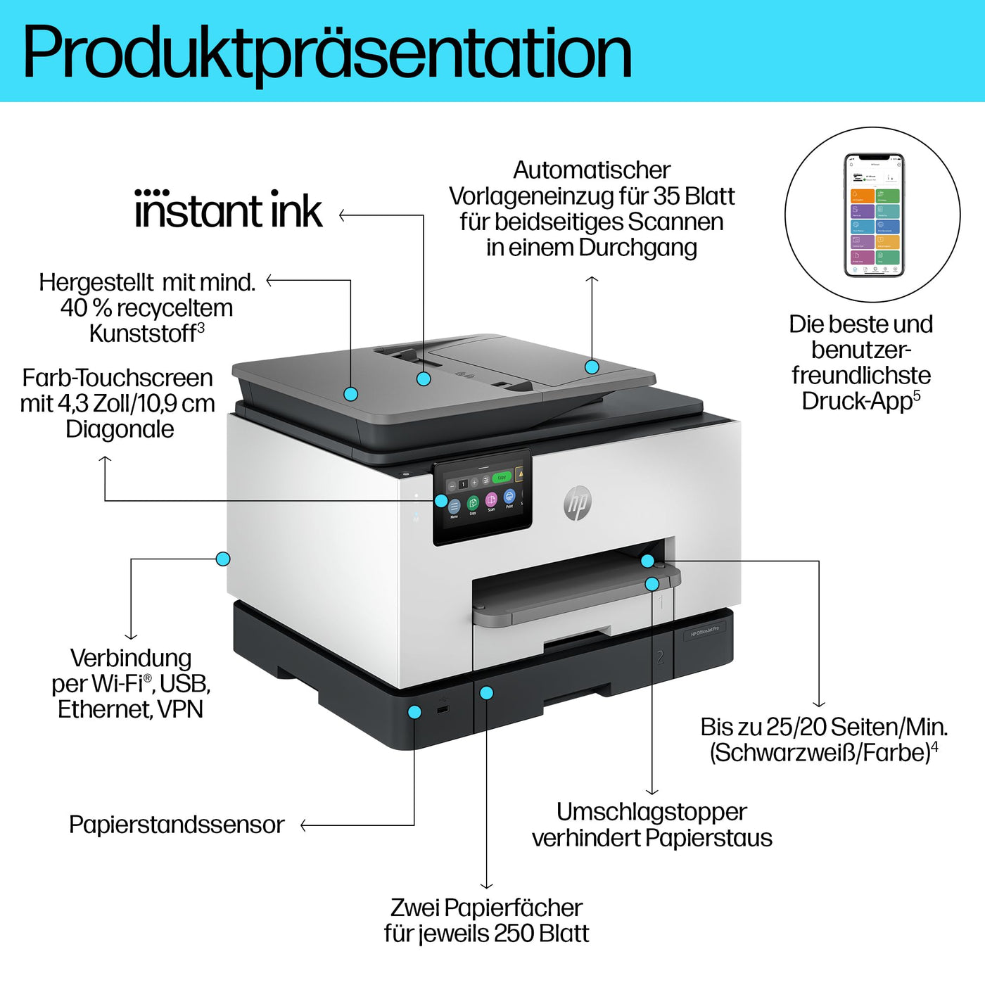 HP OfficeJet Pro 9132e Multifunktionsdrucker, 30€ Cashback, 3 Monate gratis drucken mit HP Instant Ink inklusive, HP+, Drucker, Scanner, Kopierer, Fax, WLAN, LAN, Duplex, Airprint, Grau-Weiß