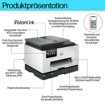 HP OfficeJet Pro 9132e Multifunktionsdrucker, 30€ Cashback, 3 Monate gratis drucken mit HP Instant Ink inklusive, HP+, Drucker, Scanner, Kopierer, Fax, WLAN, LAN, Duplex, Airprint, Grau-Weiß
