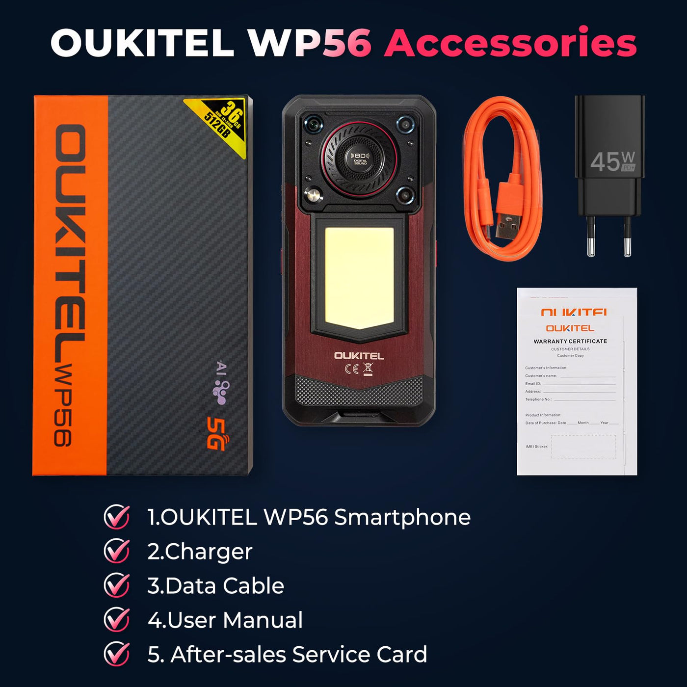 OUKITEL WP56 Outdoor Handy 5G - 36(12 + 24) GB RAM + 512GB/2TB ROM, 16000mAh, 108MP, 128DB Lautsprecher, Baustellen Handy Ohne Vertrag mit 1000 Lumen Campinglicht, 6.8" FHD+ 90Hz, NFC - Rot