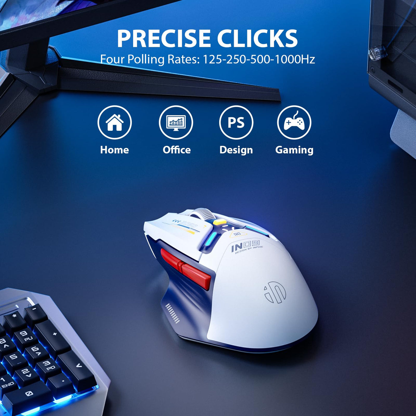 INPHIC IN9 Gaming Maus kabellos, echte Tri-Mode 2,4G Wireless/Type-C Wired/Bluetooth Maus, 10k DPl, vollständig programmierbar, RGB-Beleuchtung, Hyperspeed wiederaufladbare Funkmaus für Laptop PC,Blau