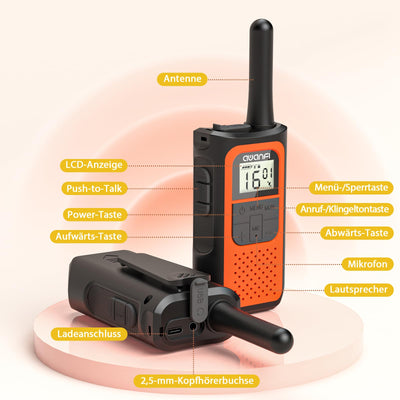 AWANFI Walkie Talkie Aufladbar mit Li-ion Akku, Walkie Talkie Kinder Erwachsene, Funkgerät Große Reichweite, 16 Channels Walky Talky, VOX und Type C Ladekabel für Biking Camping Wandern