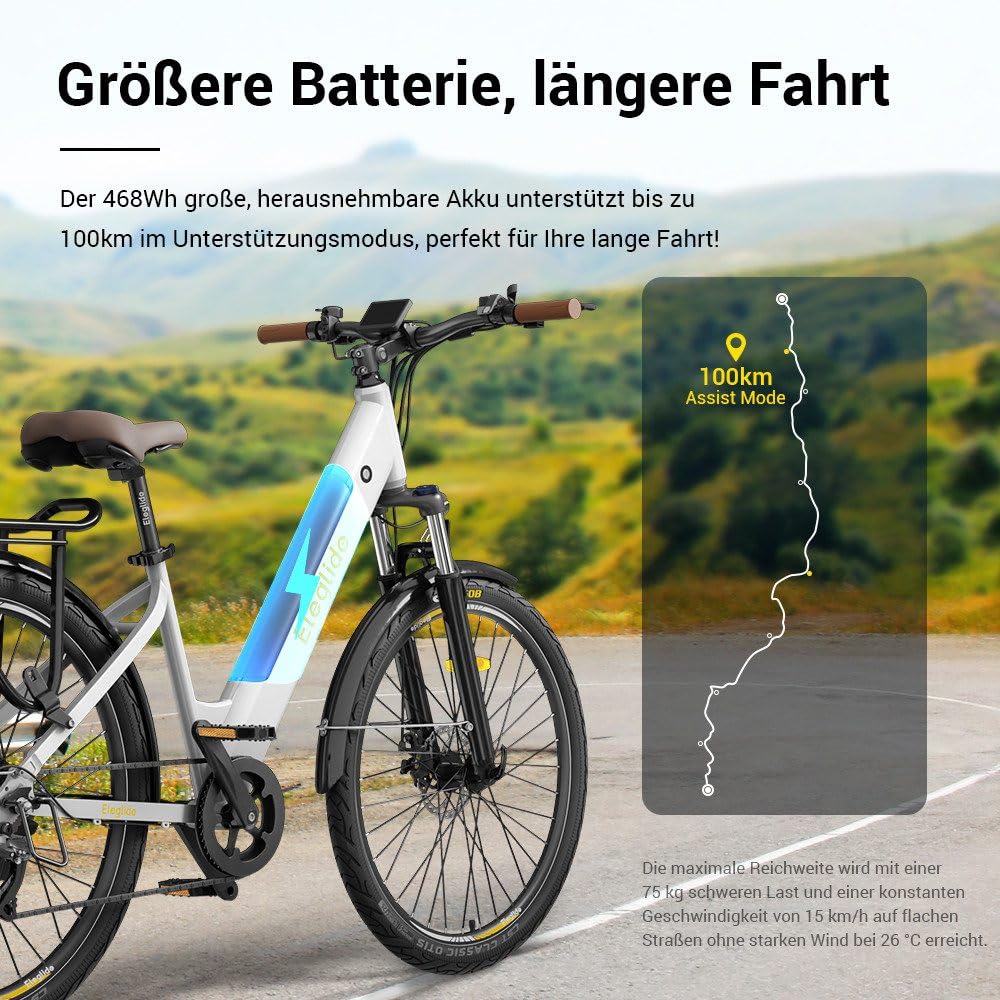 Eleglide T1 Step-Thru E-Bike, Elektrofahrrad 27.5'' Trekkingrad E-Cityrad mit 36V 13Ah Lithium-Akku bis zu 100KM Lange Range, 250W Motor, EU-konformes E Bike, LCD Display