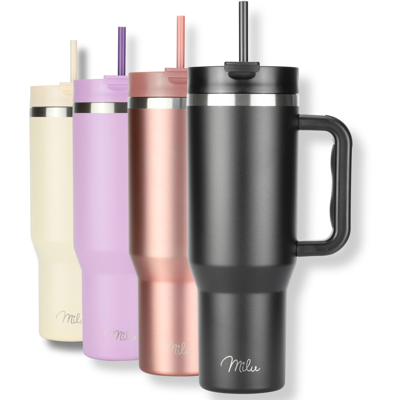 Milu Thermobecher 1200ml mit Strohhalm und Henkel – 48h Eis/24h kalt/12h heiß Edelstahl Tumbler 40oz mit Griff - Isolierbecher to go - Isolierflasche Trinkflasche doppelwandig isoliert (Schwarz, 1,2L)