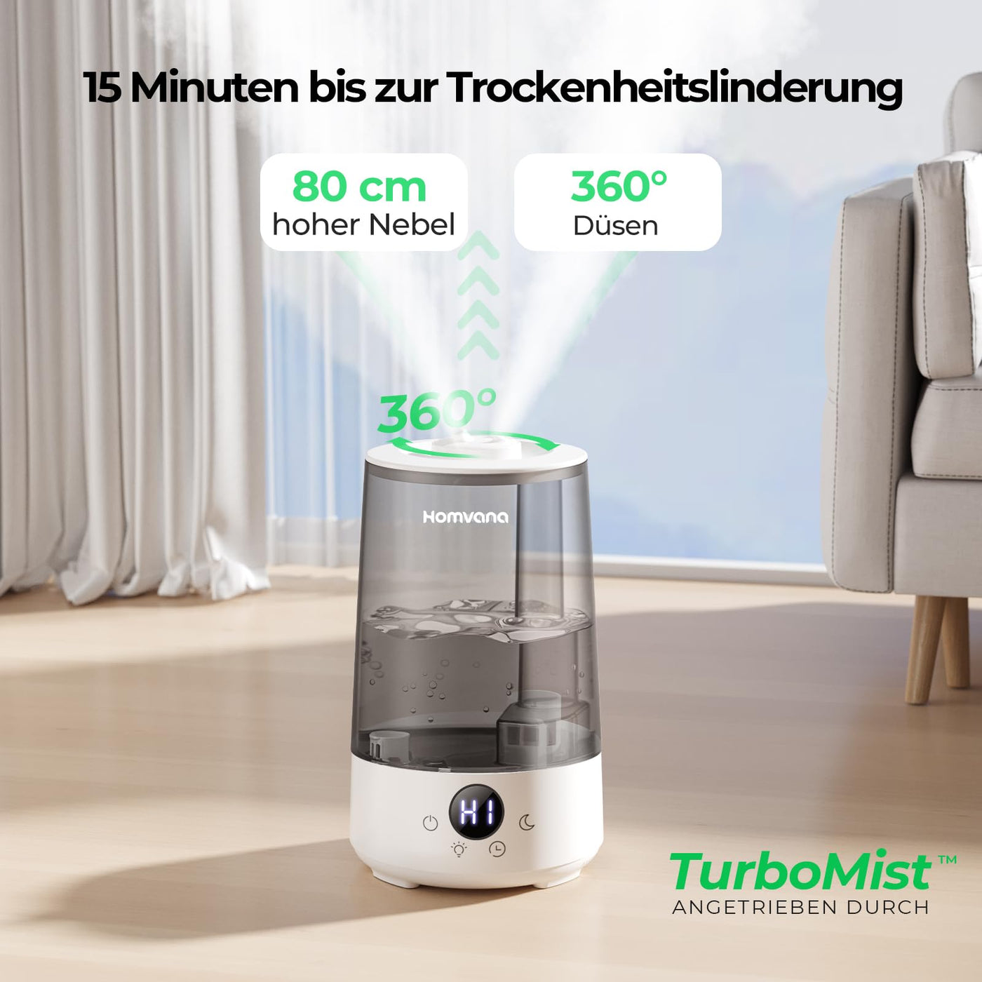Homvana Luftbefeuchter Schlafzimmer Top-Fill, 3.6L 360°Cool Mist 34H Dauerhaft, Ruhig 16dB (SilentSpary Tech) Klein, Kinderzimmer Baby, BPA Free, Aromadiffusor für Pflanzen 7-Color Night Light